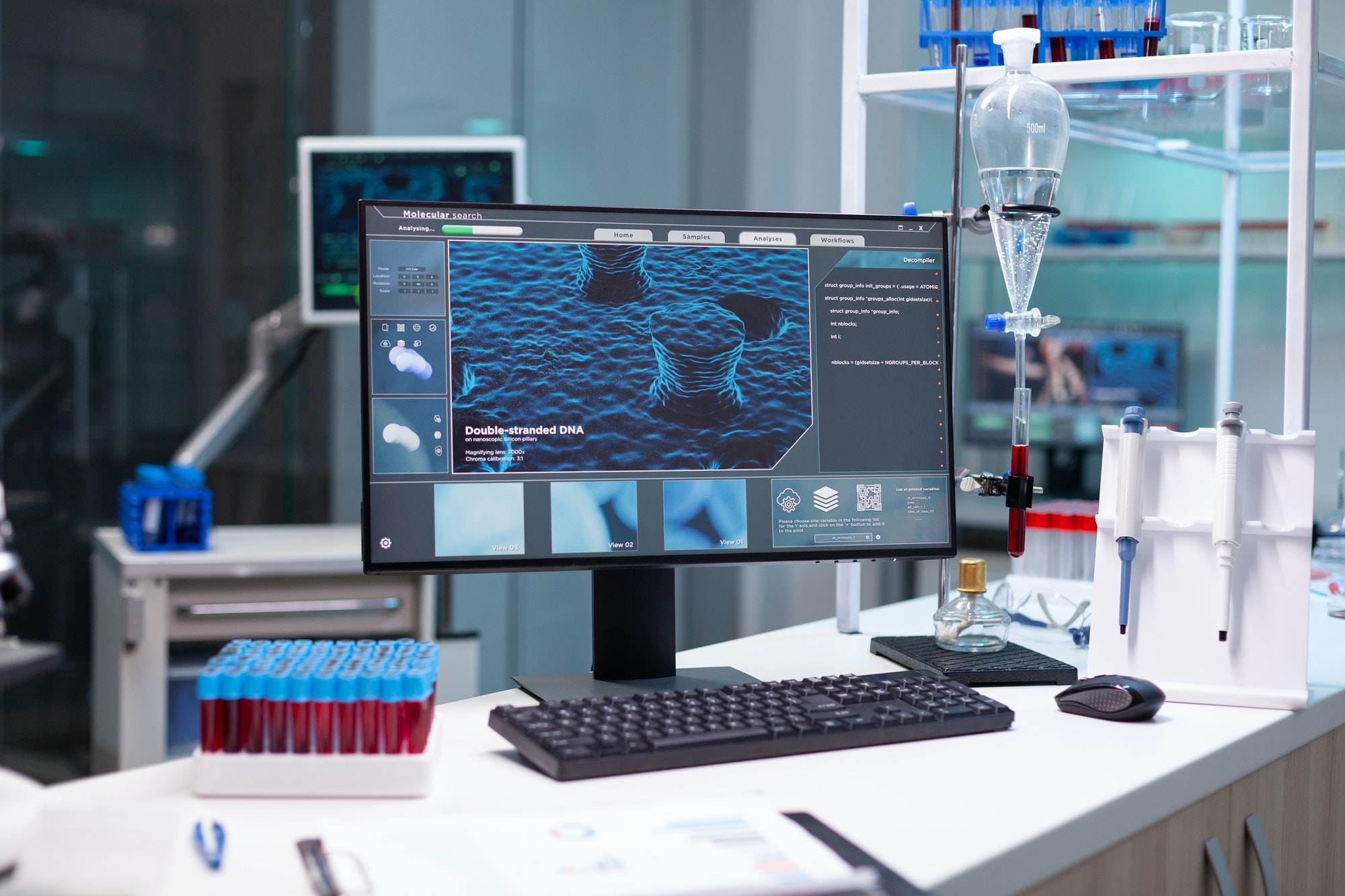 Computer with microbiology virus expertise on display standing on table