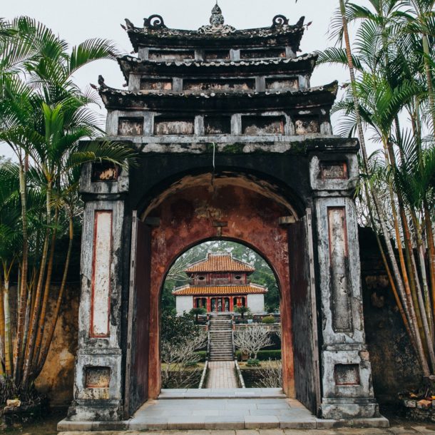 entrance to the beautiful oriental park with traditional ancient architecture in Hue, Vietnam