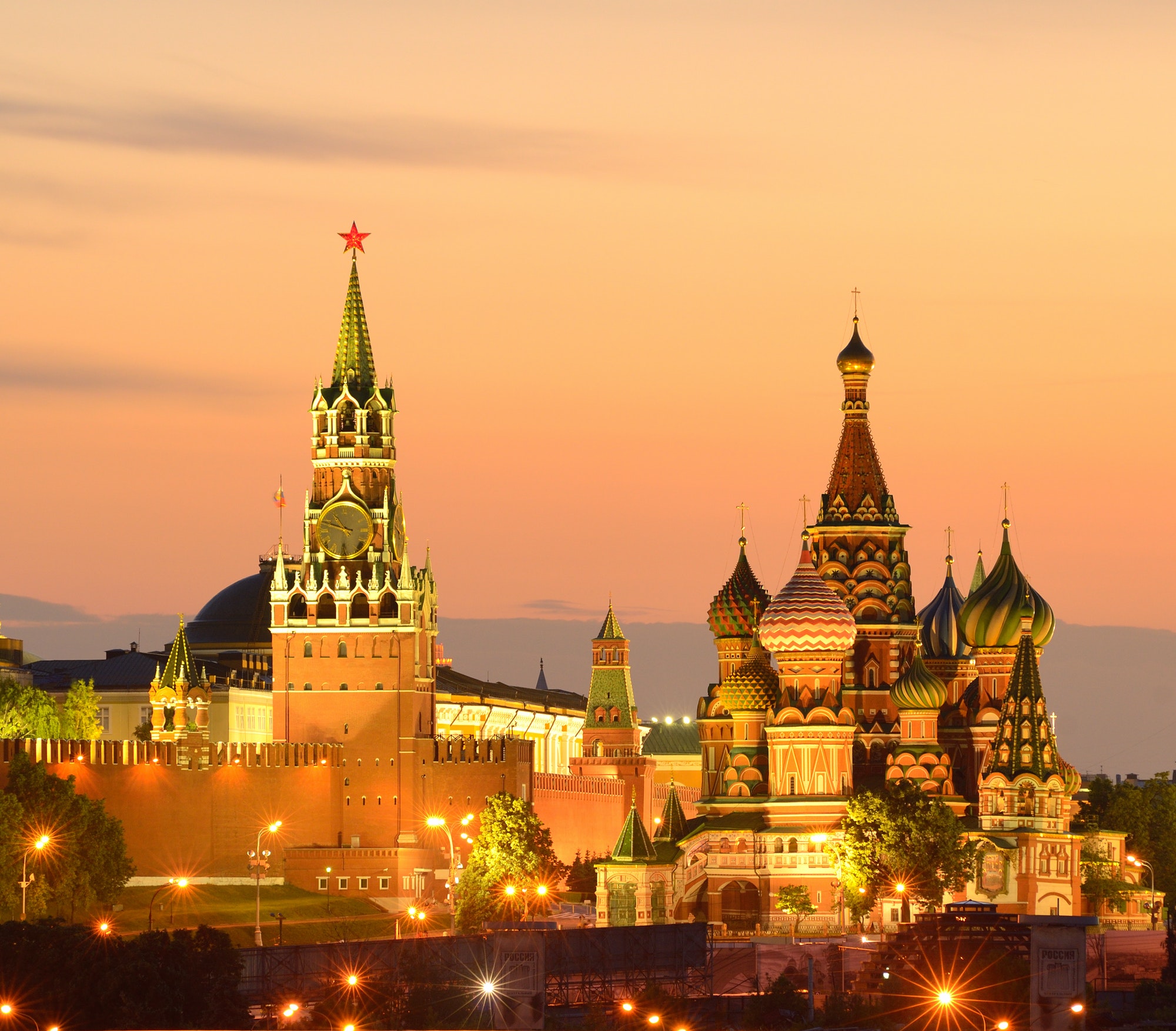 View of Kremlin towers, Saint Basils Cathedral at night, Moscow, Russia