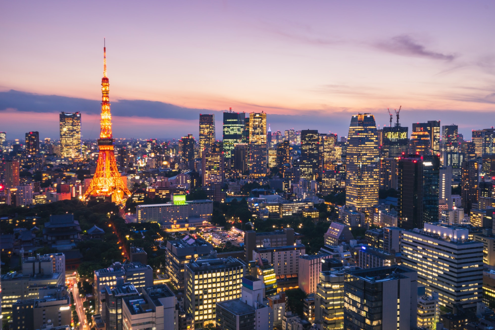 Tokyo tower and cityscape at night with beautiful sky in Tokyo, Japan