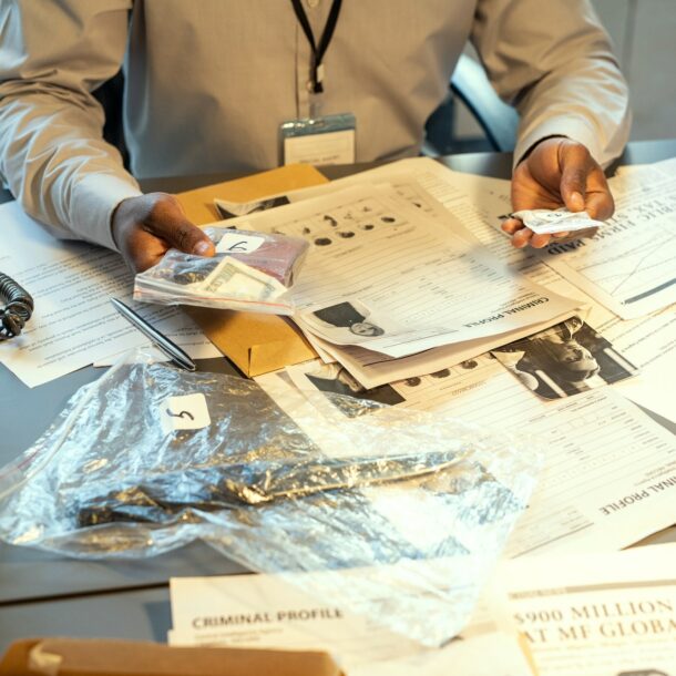 Hands of young contemporary FBI agent or detective holding evidences