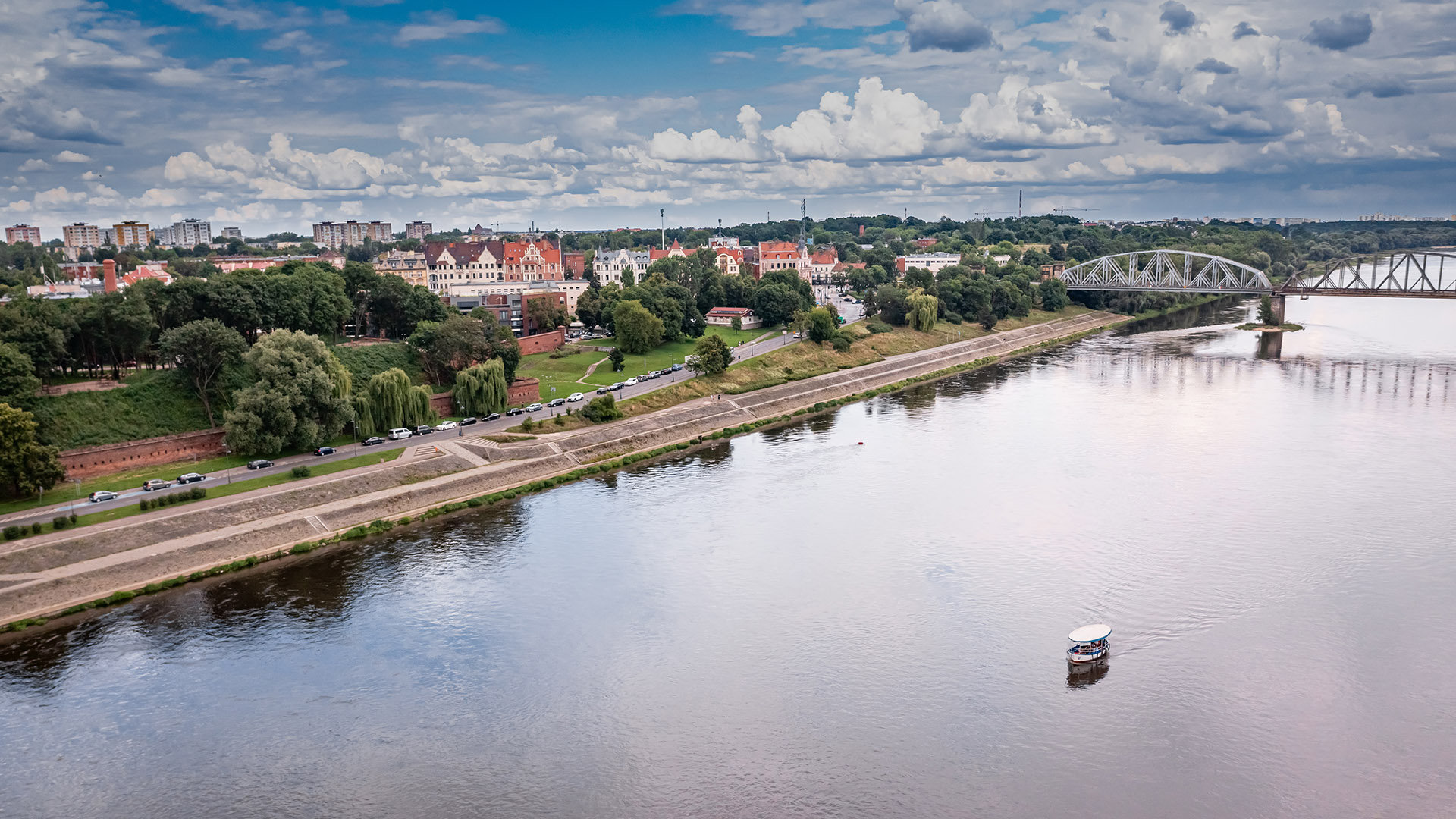 Aerial view of Torun old town and Vistula river. Architecture in Poland, Europe.