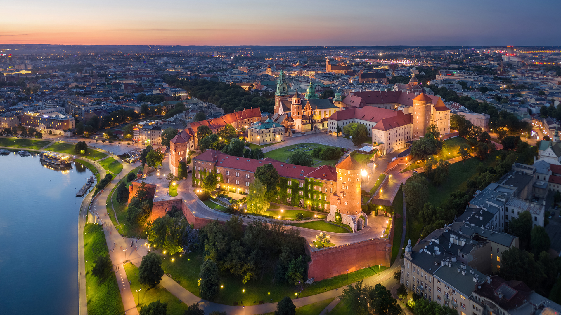 malopolskie wawel Krakow, Poland. Aerial view of illuminated Wawel Royal Castle on sunset