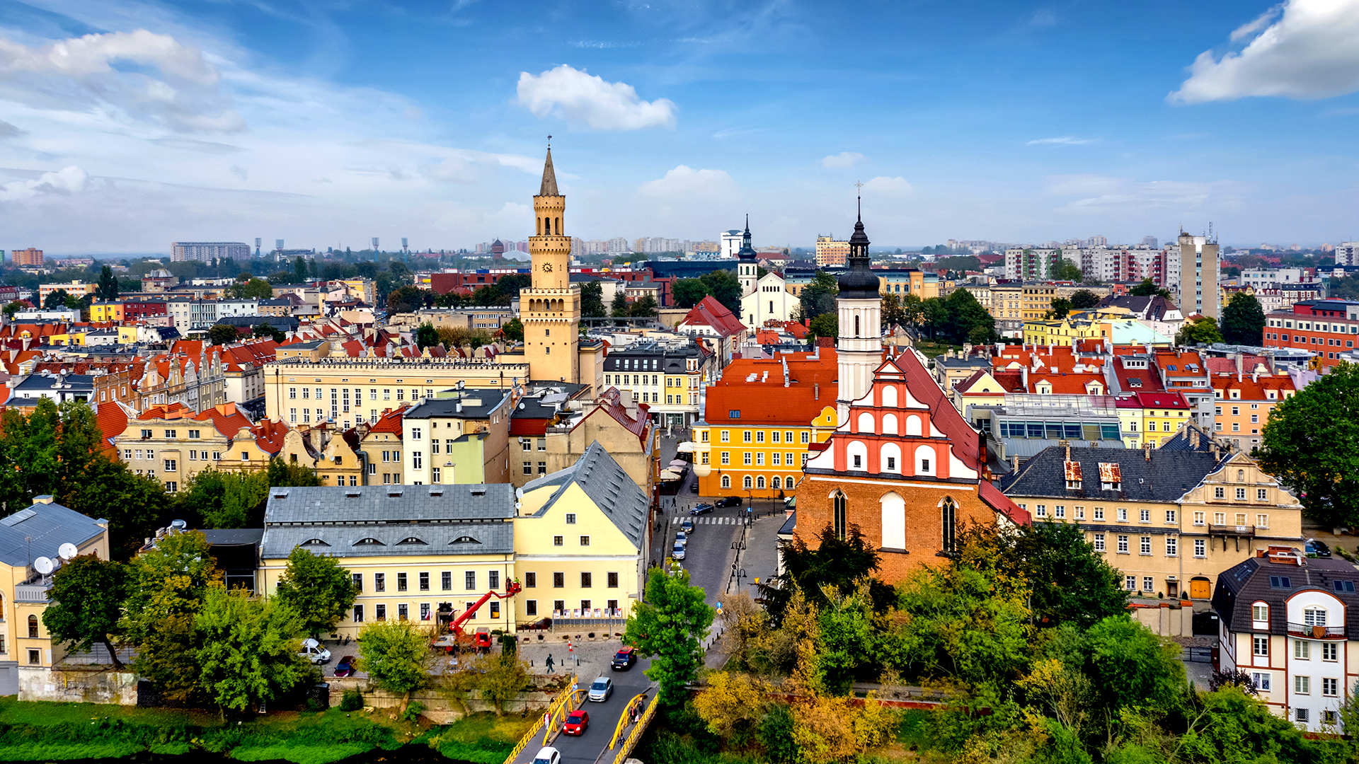 Opole, Opolskie; panorama miasta, stare miasto poland; aerial; view; cityscape; old town; center; town hall; church; tower; architecture; landmark; day; city; europe; oppeln; high angle